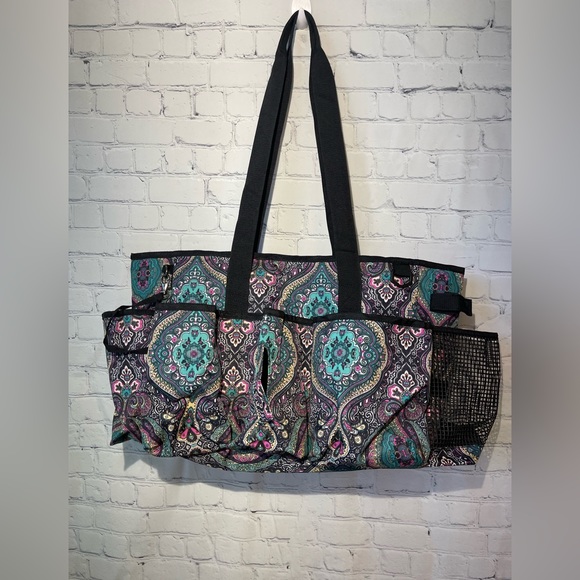 LoDrid multi pocket & compartment tote/organizer bag, teal & pink paisley print - Picture 2 of 5